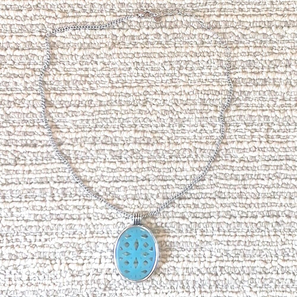 premier designs silver tone blue oval resin filigree pendant necklace chain